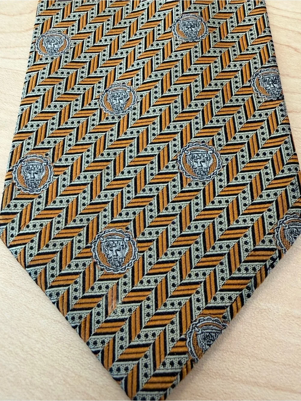 Versace Gold and Gray Medallion Pattern Silk Tie
